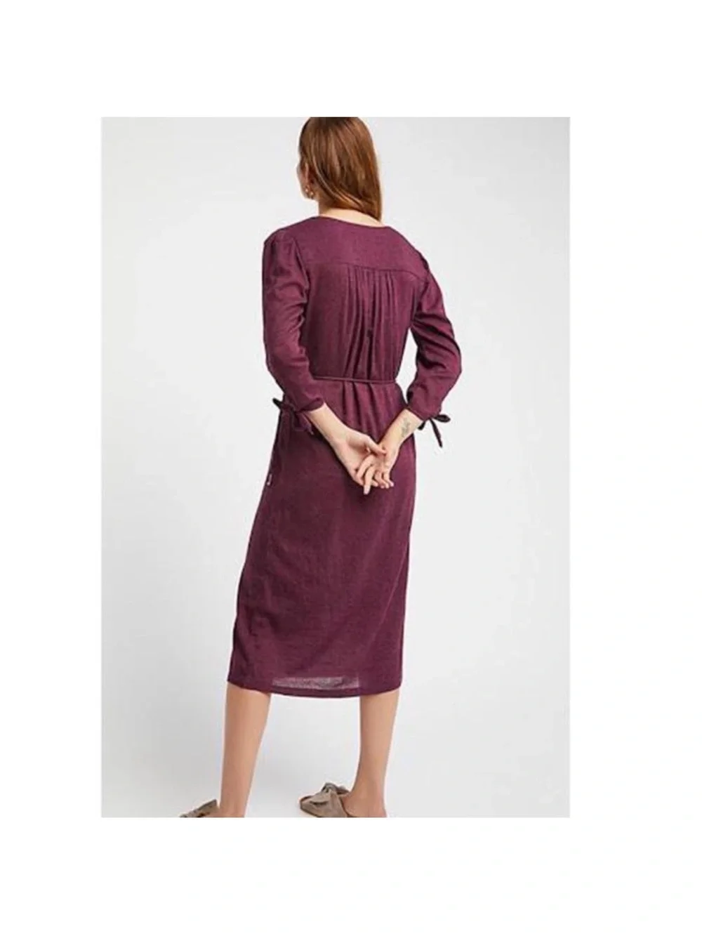 Free People Burgundy Button-Front Midi Dress with Tie Waist